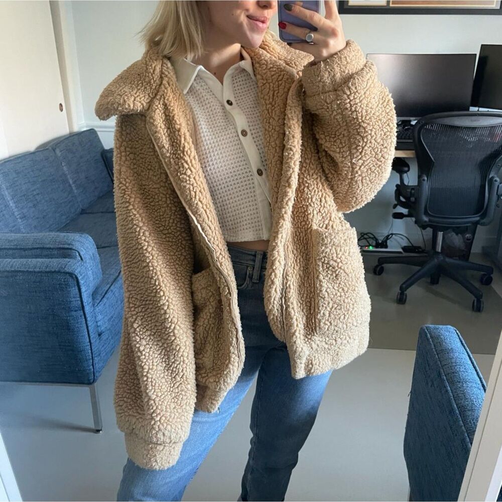 I.AM.GIA Full Zip Oversized Teddy Bear Coat Jacket Tan Medium